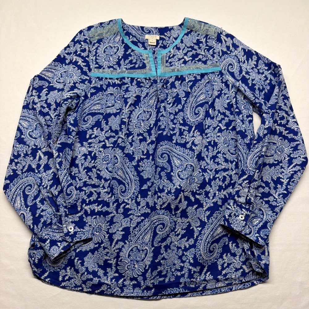 J.Crew Blue Paisley Print Long Sleeve Tunic Blouse XS Coastal Boho Resort Top - Picture 2 of 8